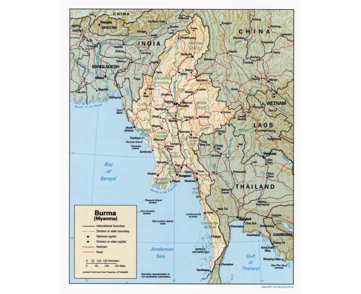 kartes Mjanmas ar pilsētām